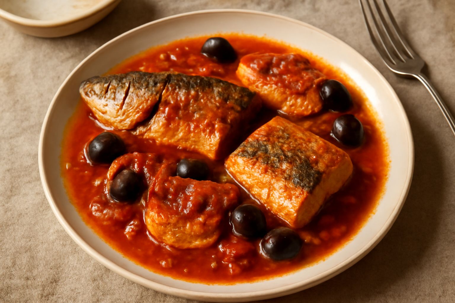 Cefalo intero cotto in umido in una pentola di terracotta, immerso in sugo rosso di pomodoro con olive verdi, cipolla e prezzemolo fresco, vapore ancora visibile