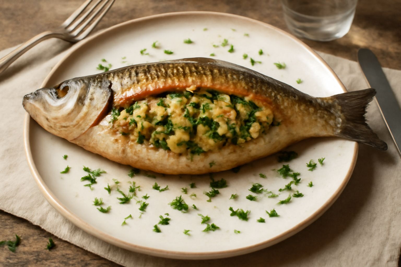 Cefalo intero ripieno cotto al forno, dorato in superficie, disposto su un piatto bianco con contorno di verdure saltate e limone fresco affettato