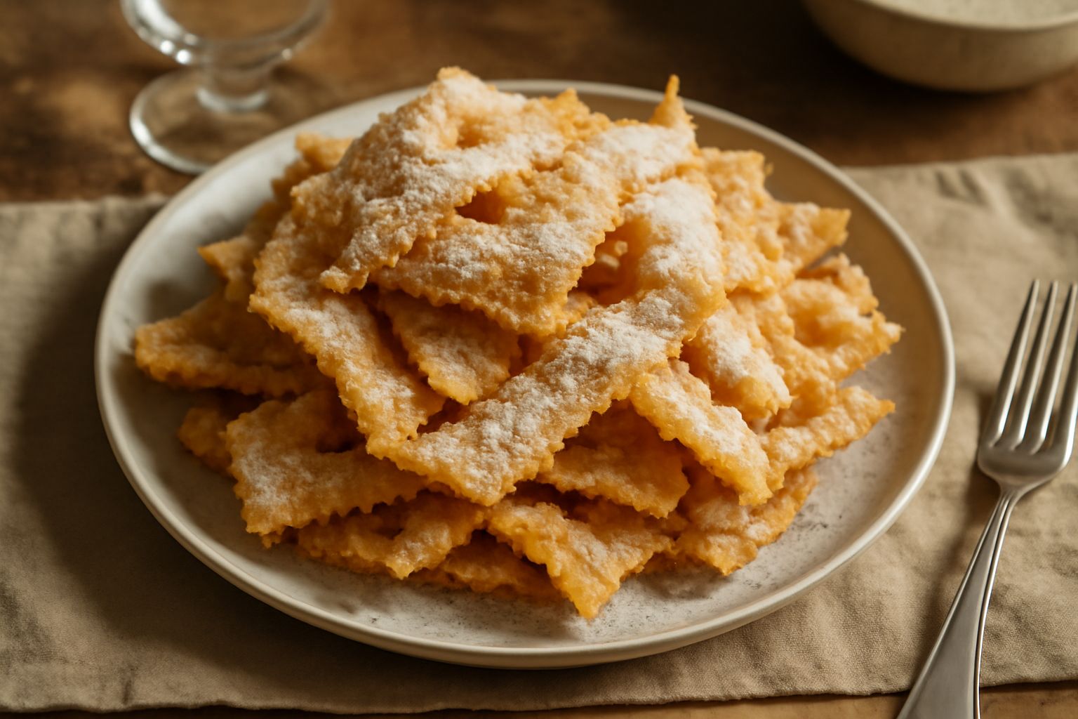 Cenci molisani dorati e croccanti, sfoglie frastagliate sparse su un piatto bianco, cosparse di zucchero a velo, con sfondo di pasta e spezie