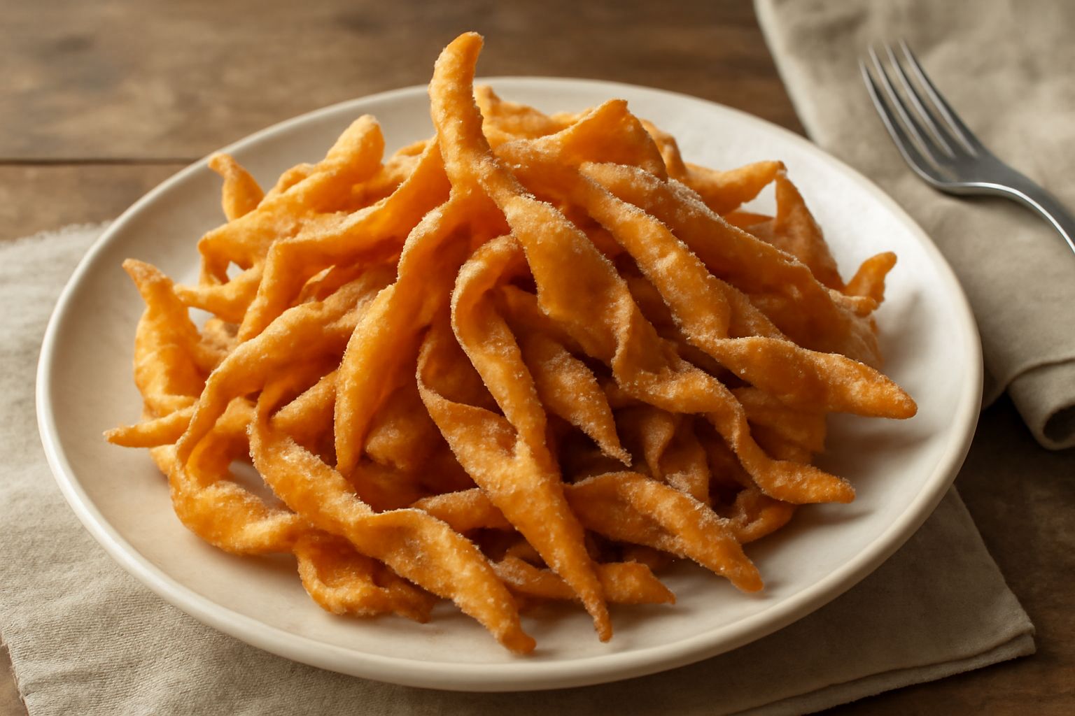 Mucchio di cenci piemontesi dorati a forma di striscioline ondulate, cosparsi di zucchero bianco, disposti su un piatto bianco con tovagliolo rosa accanto