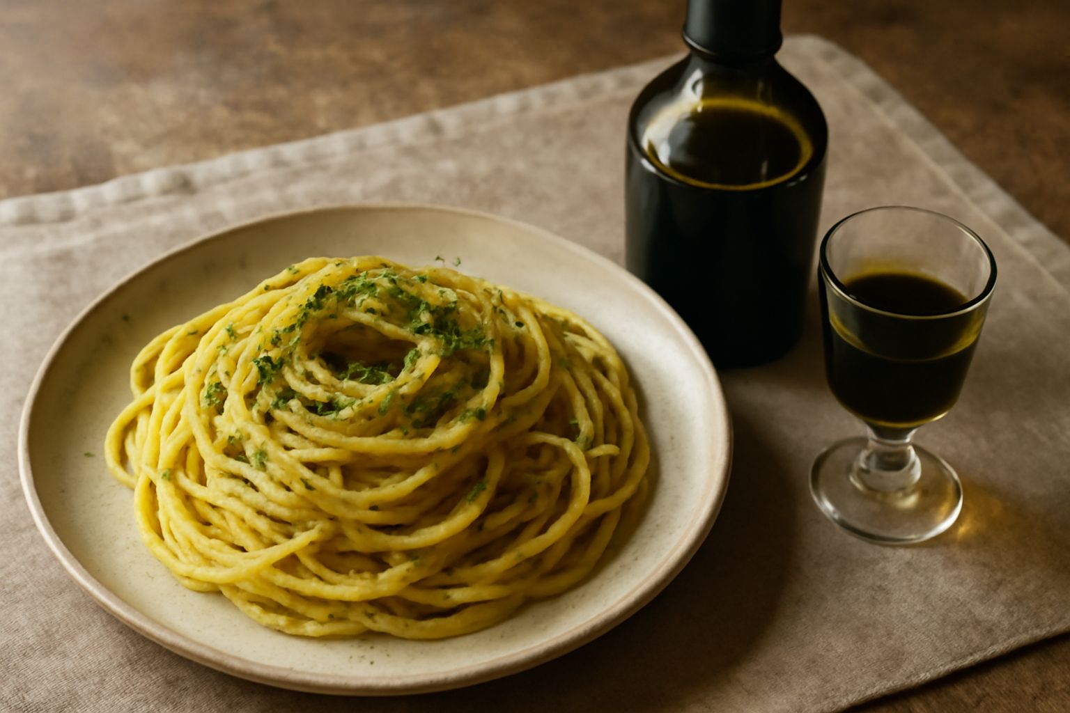 Bottiglia di vetro scuro con liquore verdastro intenso, circondata da mazzetti di erbe aromatiche fresche, salvia, rosmarino e altre erbe selvatiche su fondo di legno rustico