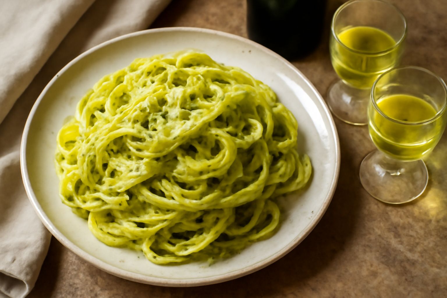 Bottiglia di vetro scuro con centerbe giallo-verdastro trasparente, etichetta beige, circondata da rametti di menta, camomilla secca e piccole bottiglie di alcol alimentare su fondo di legno naturale