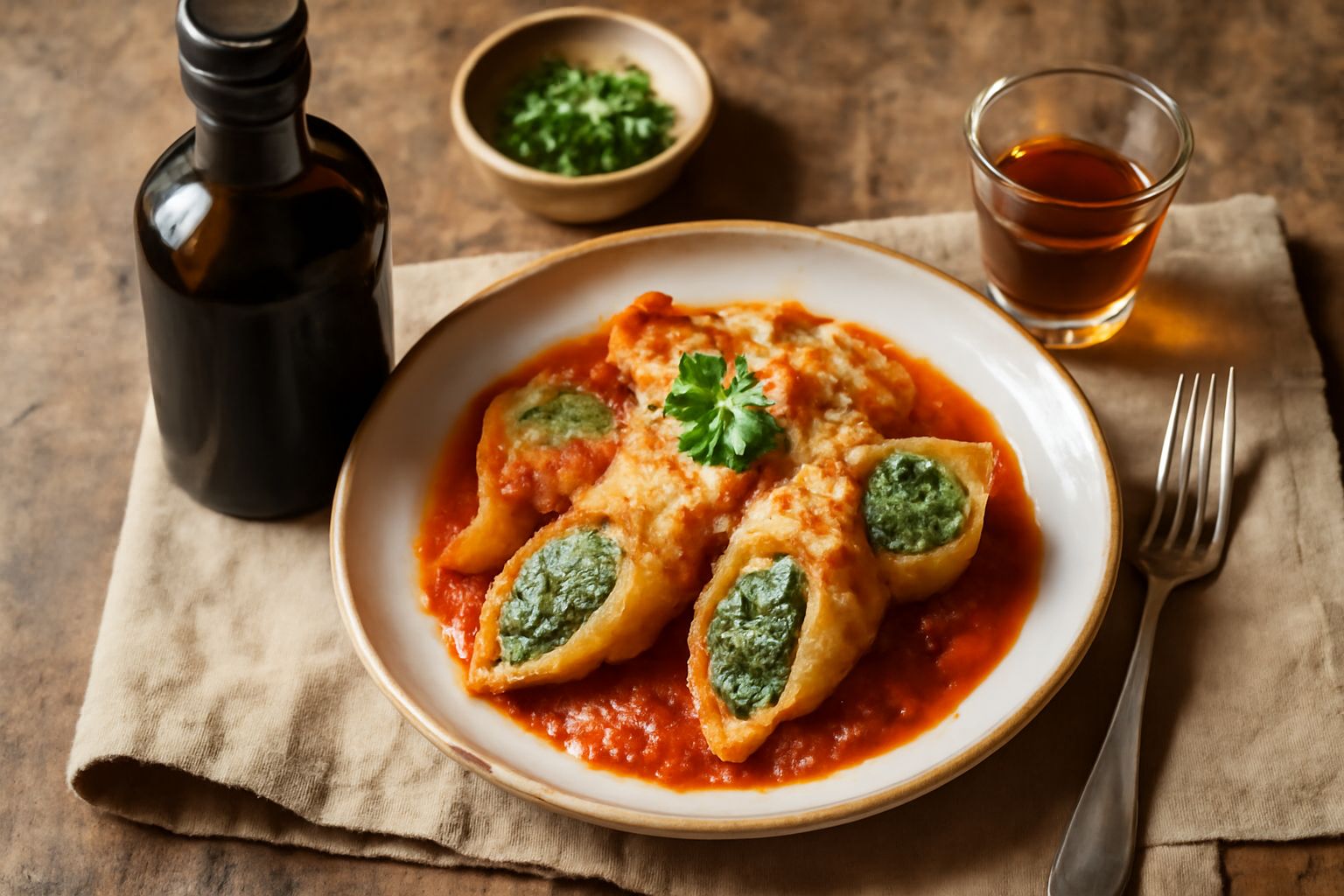 Bottiglia di vetro scuro con liquore ambrato trasparente, circondata da rametti di menta, rosmarino e altre erbe aromatiche fresche su tavolo di legno chiaro
