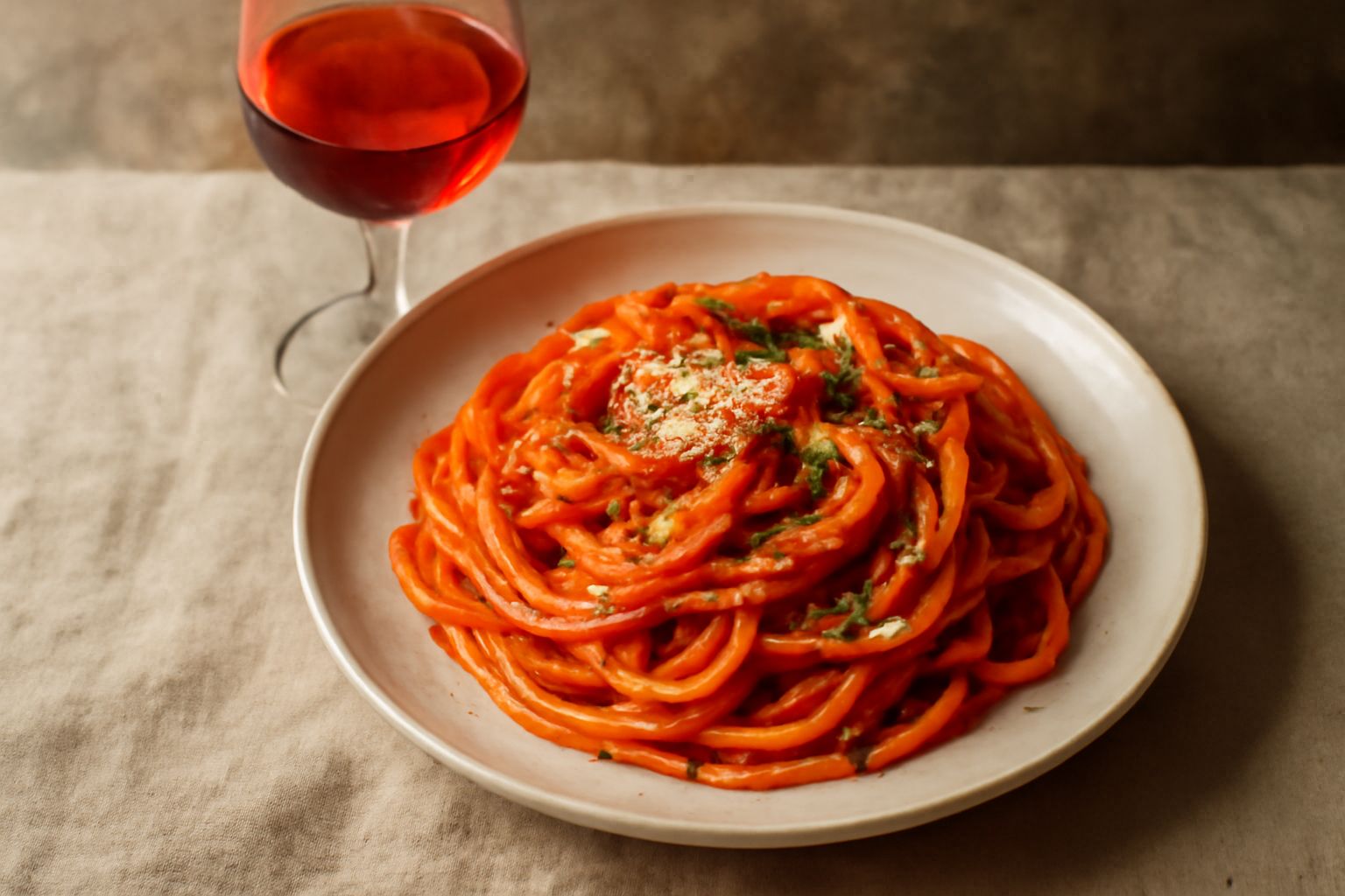 Bicchiere di Cerasuolo d'Abruzzo con colore rosato brillante, riflessi color ciliegia, servito a tavola con pane, olio e olivi sullo sfondo