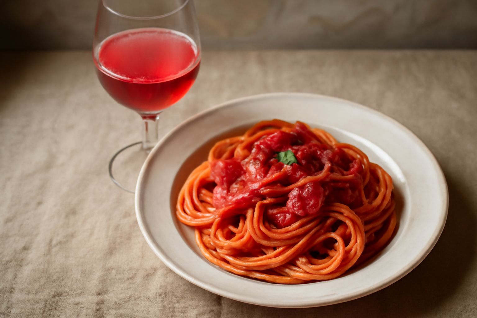Bicchiere di Cerasuolo di Vittoria con colore rosa-corallo intenso, servito fresco su tavolo bianco con piatto di insalata di pesce sullo sfondo, sole pomeridiano.