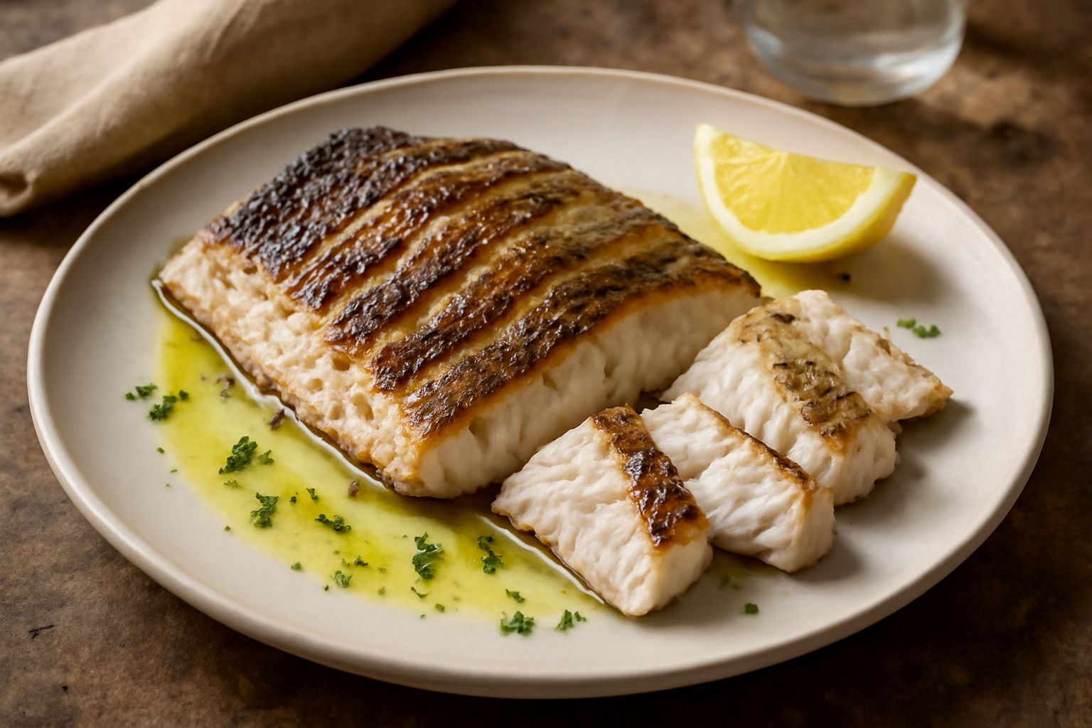Filetti di cernia dorati e leggermente marcati sulla piastra, con limone fresco a spicchi, rosmarino e olio extravergine, serviti su piatto bianco
