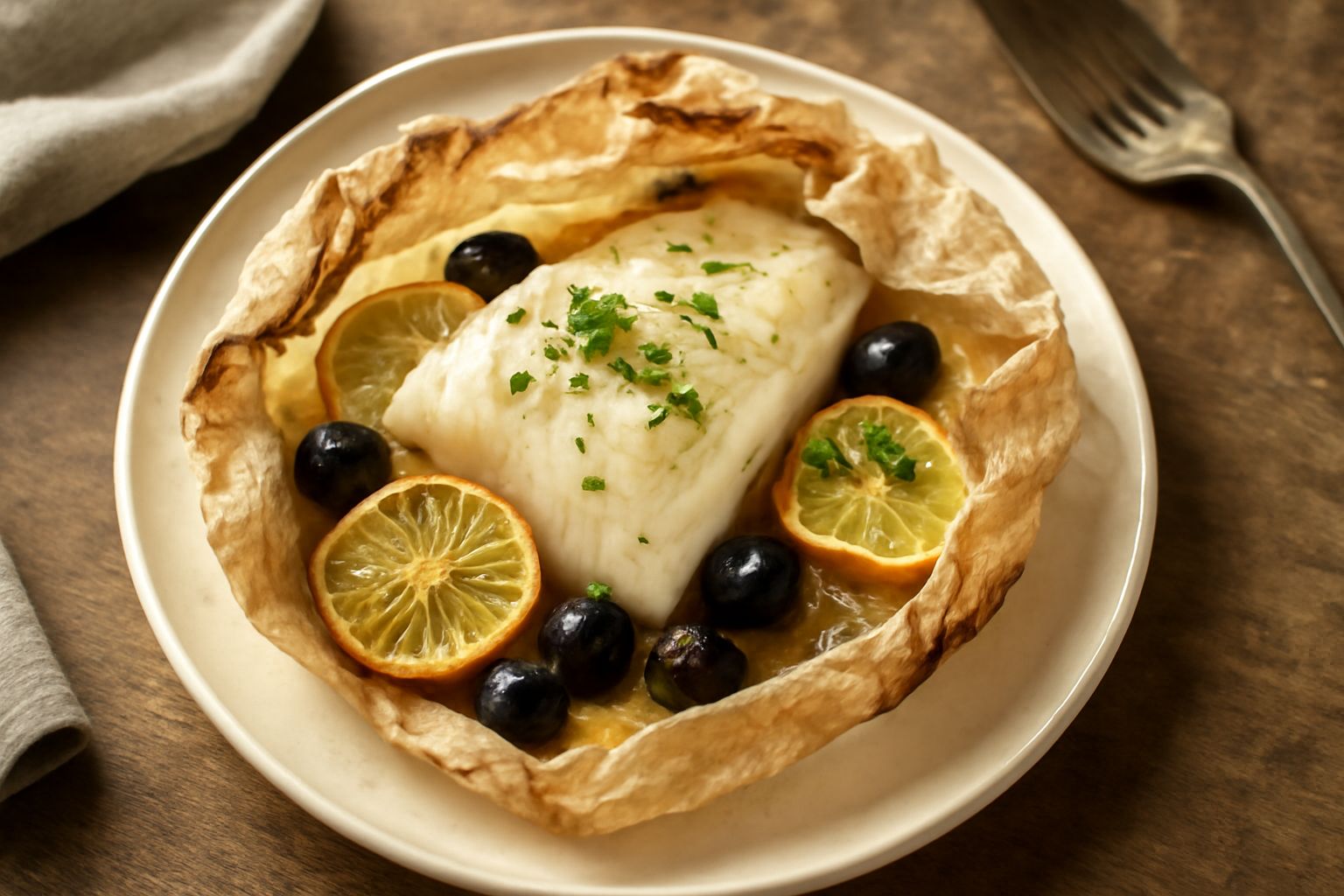 Un filetto di cernia bianca dentro una carta da forno aperta, circondata da fette di limone, rametti di prezzemolo fresco, olive verdi e una leggera spruzzata di olio d'oliva
