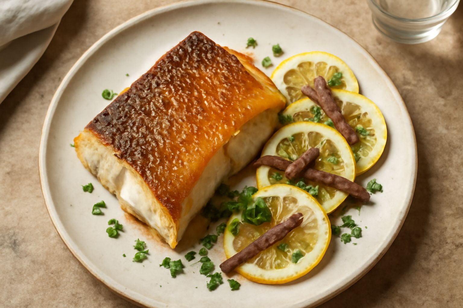 Cernia intera al forno, dorata e croccante sulla pelle, contornata da fettine di limone fresco e rametti di prezzemolo verde, su un piatto bianco