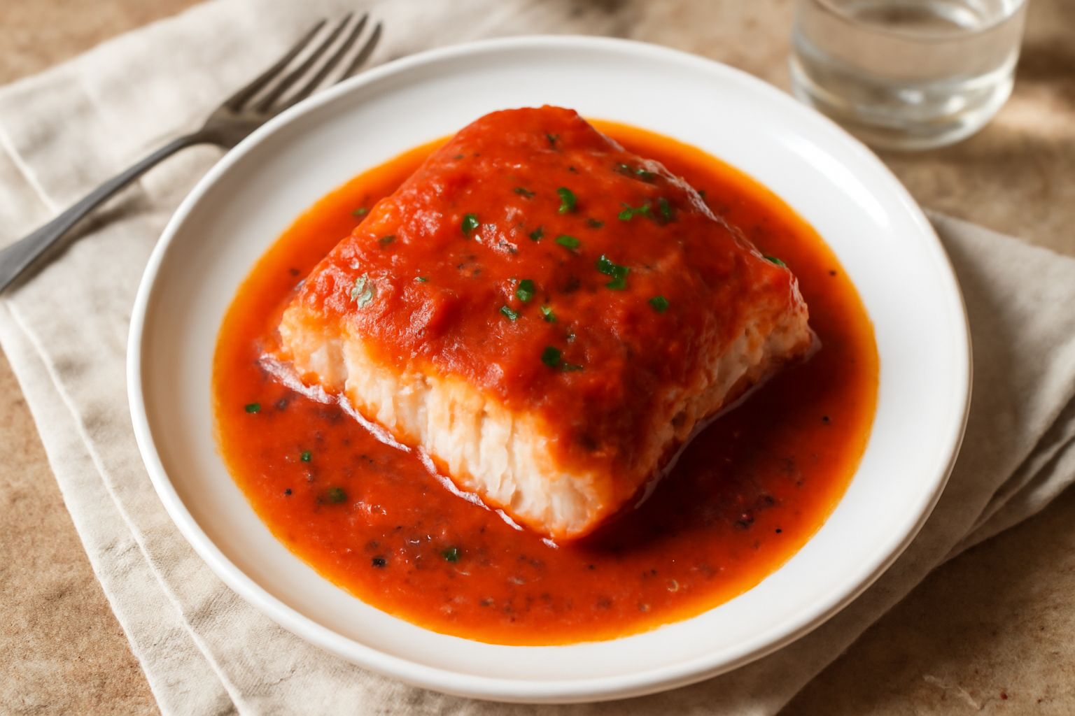 Un filetto di cernia bianca e soda in un piatto fondo, ricoperto da sugo rosso di pomodoro, con prezzemolo fresco tritato e una goccia di olio d'oliva sulla superficie, contorno di riso bianco cotto