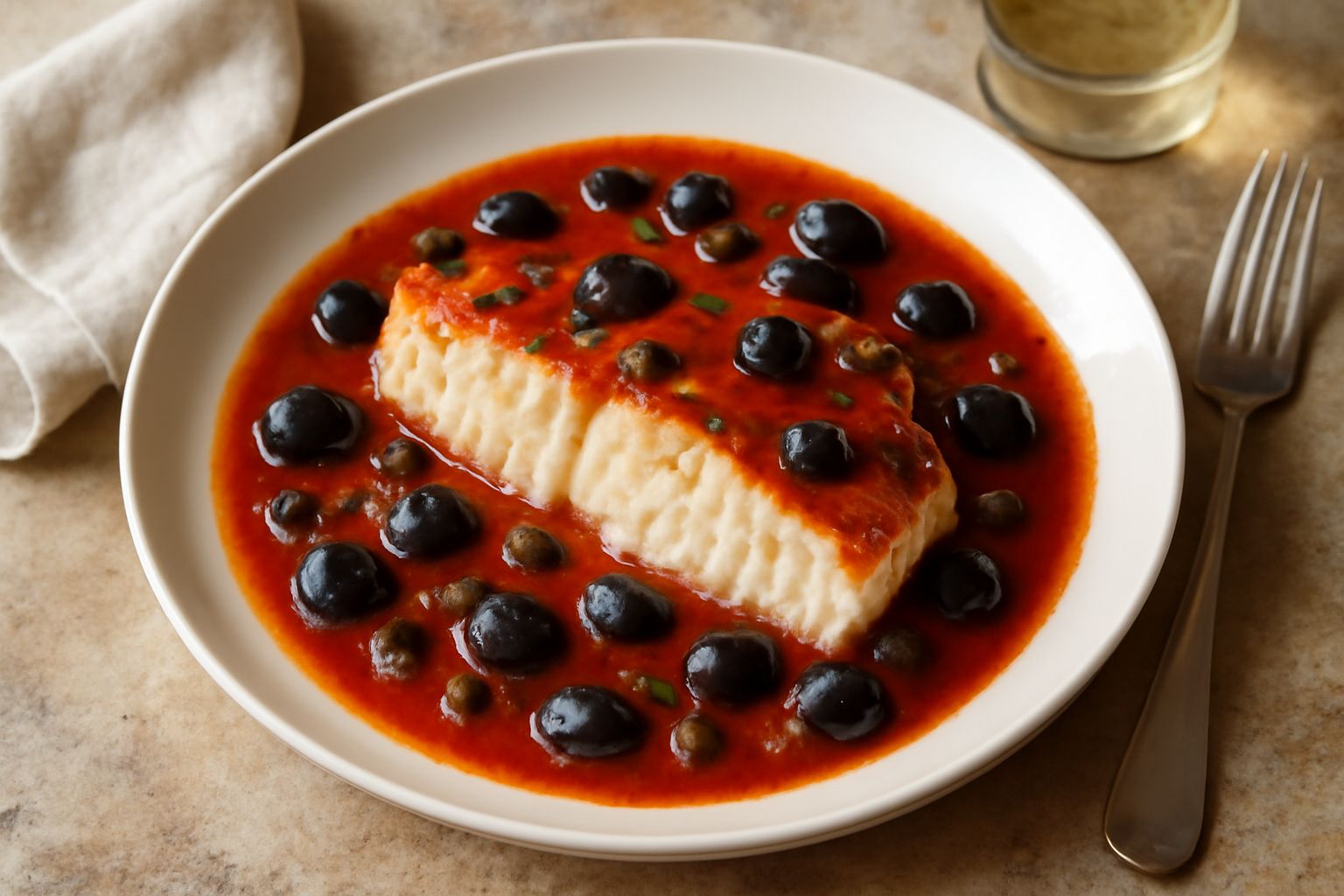 Filetto di cernia bianco e sodo cotto al forno, ricoperto da sugo rosso scuro con olive nere intere e capperi verdi, servito in un piatto bianco con contorno di verdure grigliate