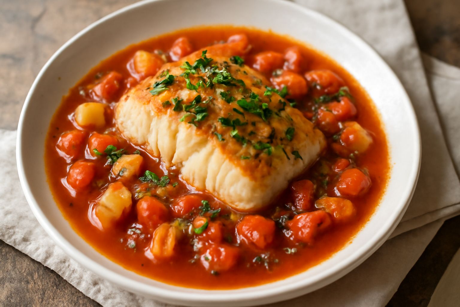 Filetto di cernia dorato cotto al forno, coperto di salsa rossa di pomodori freschi e contornato da cubetti di pomodoro crudo, prezzemolo verde su piatto bianco