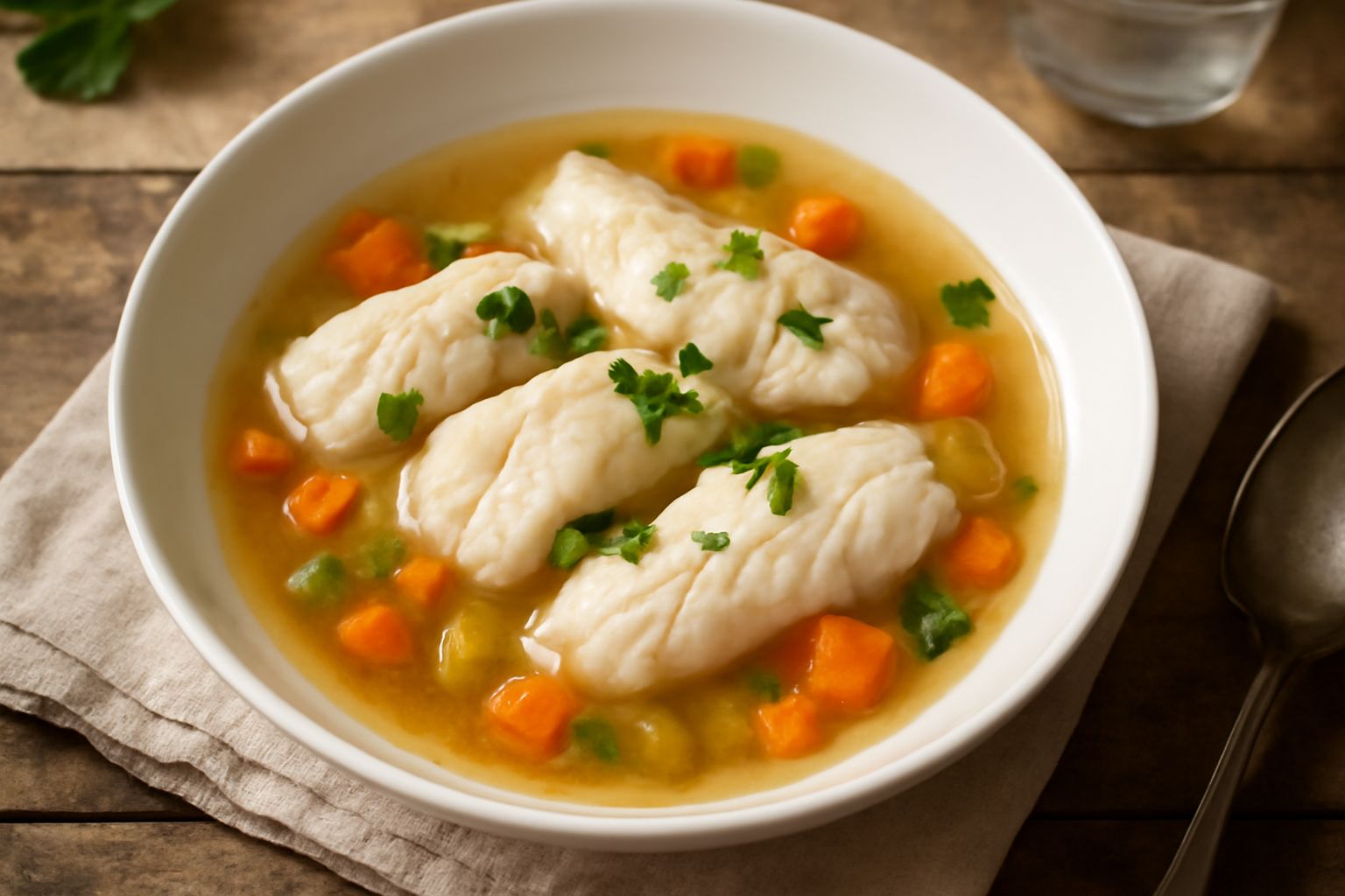 Piatto profondo di ceramica bianca con cernia cotta in brodo trasparente, verdure tagliate grossolanamente (carota, sedano, cipolla), prezzemolo fresco verde sulla superficie, brodo dorato e fumante