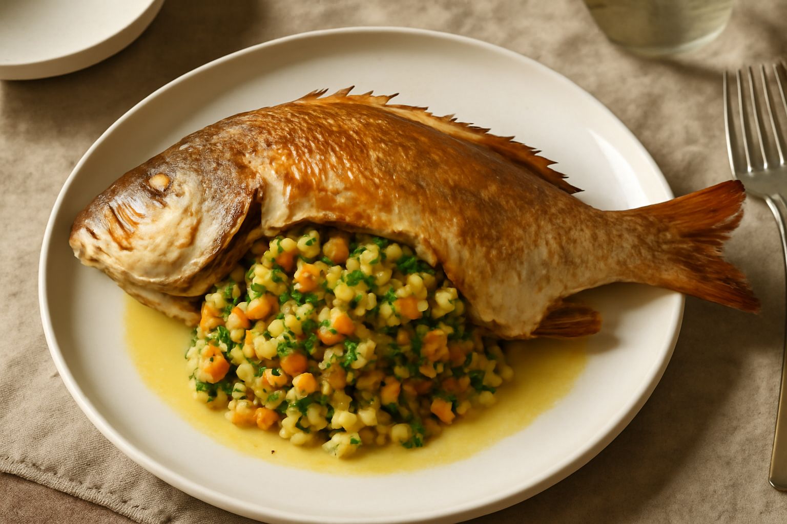 Cernia intera ripiena cotta al forno, dorata e profumata, con dentro visibile il ripieno di verdure, verdure attorno nel piatto, limone fresco e prezzemolo