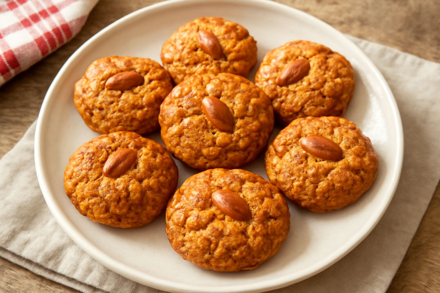 Certosini dorati e croccanti disposti su un piatto bianco, con mandorle intere visibili sulla superficie e zucchero a velo leggero che si stacca leggermente dai biscotti