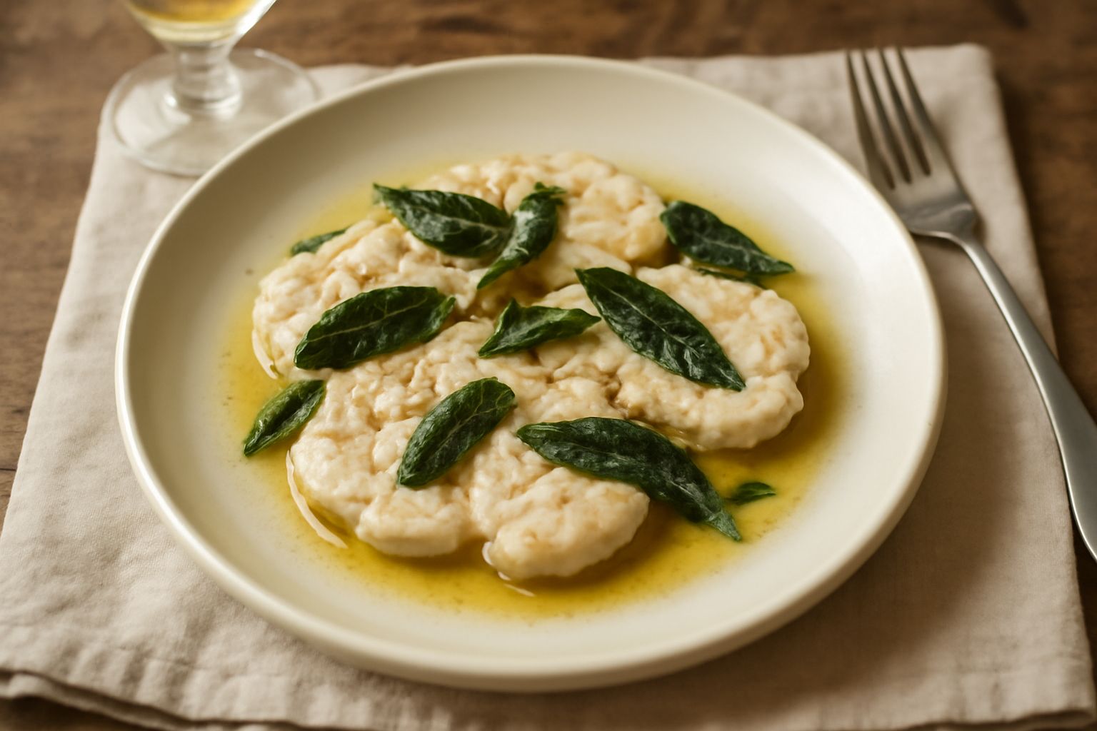 Cervella affettata in bianco, dorata in padella, coperta di burro fuso spumeggiante con foglie di salvia verde e croccante, servita in piatto bianco con contorno di patate lesse