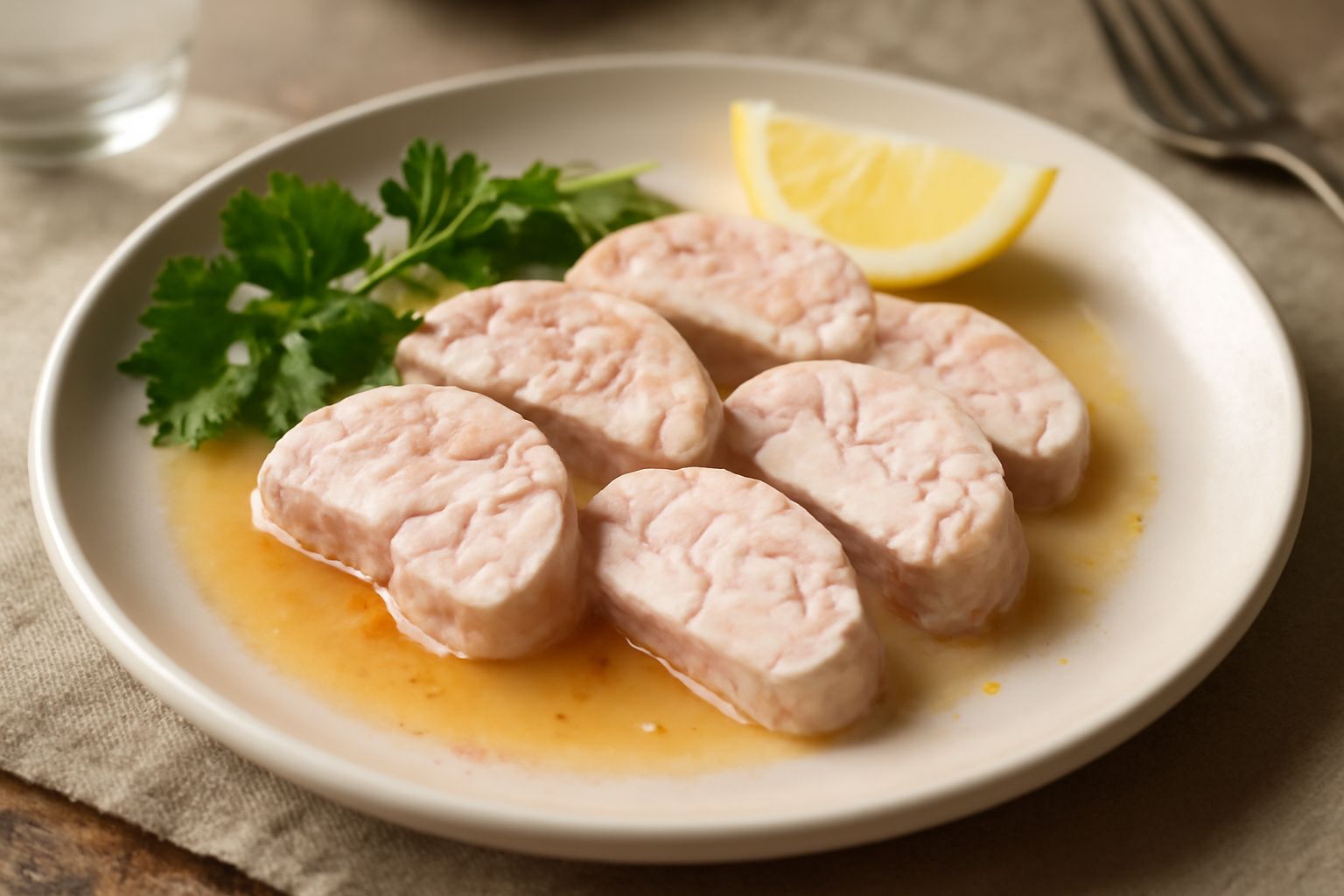 Cervella di maiale cotta in padella con burro e prezzemolo, servita in piatto bianco con contorno di limone fresco e erbe aromatiche