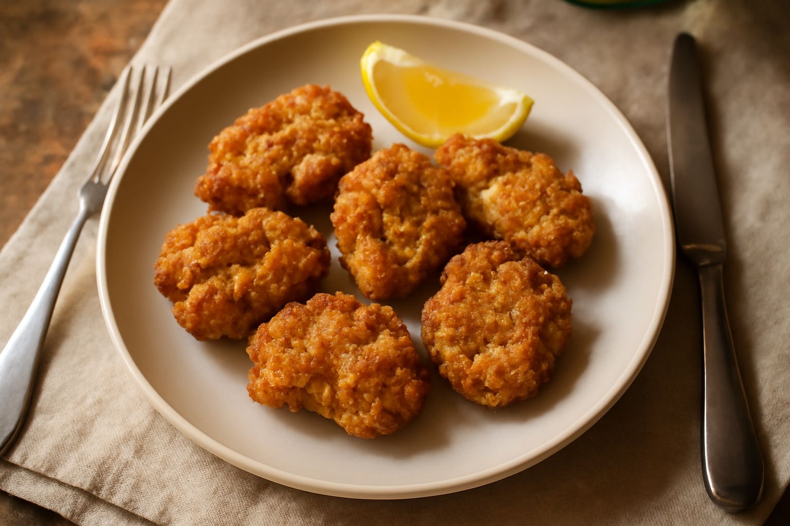 Fette di cervella fritta dorate e croccanti in un piatto bianco, accompagnate da limone fresco tagliato a spicchi e prezzemolo tritato