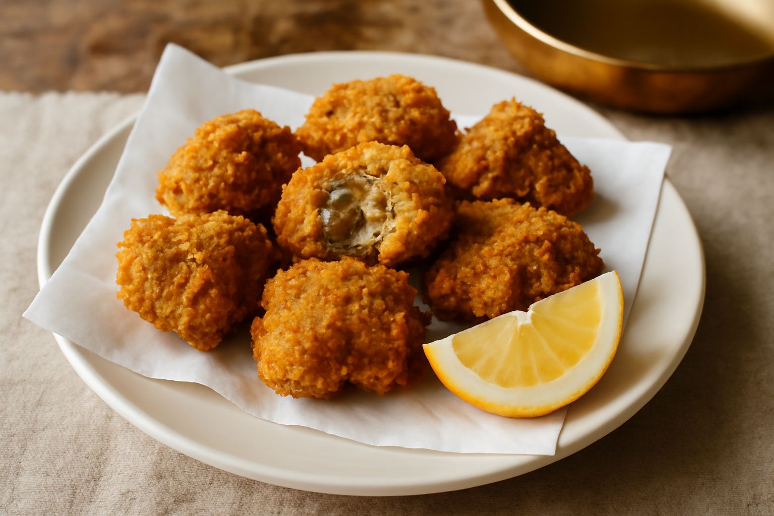 Cervella fritte dorate e croccanti impilate nel piatto bianco, guarnite con limone fresco tagliato a spicchi e prezzemolo verde, servite con salsa piccante in ciotola laterale