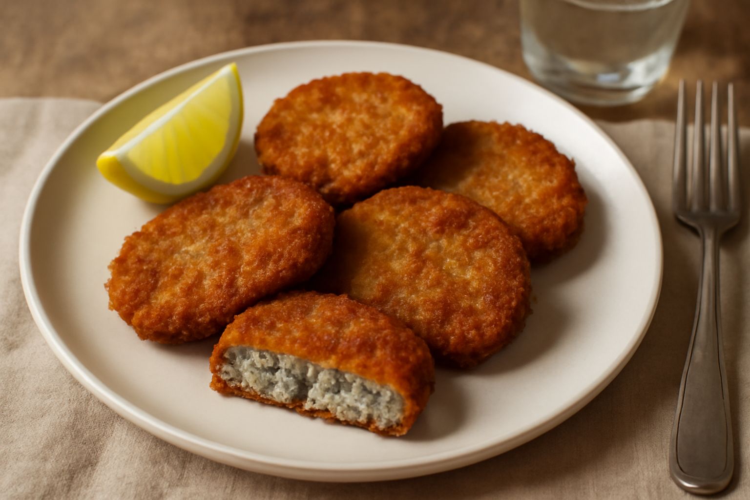 Fette di cervella impanata dorate e croccanti disposte in piatto bianco, con panatura uniforme dorata, contorno di limone fresco e prezzemolo tritato