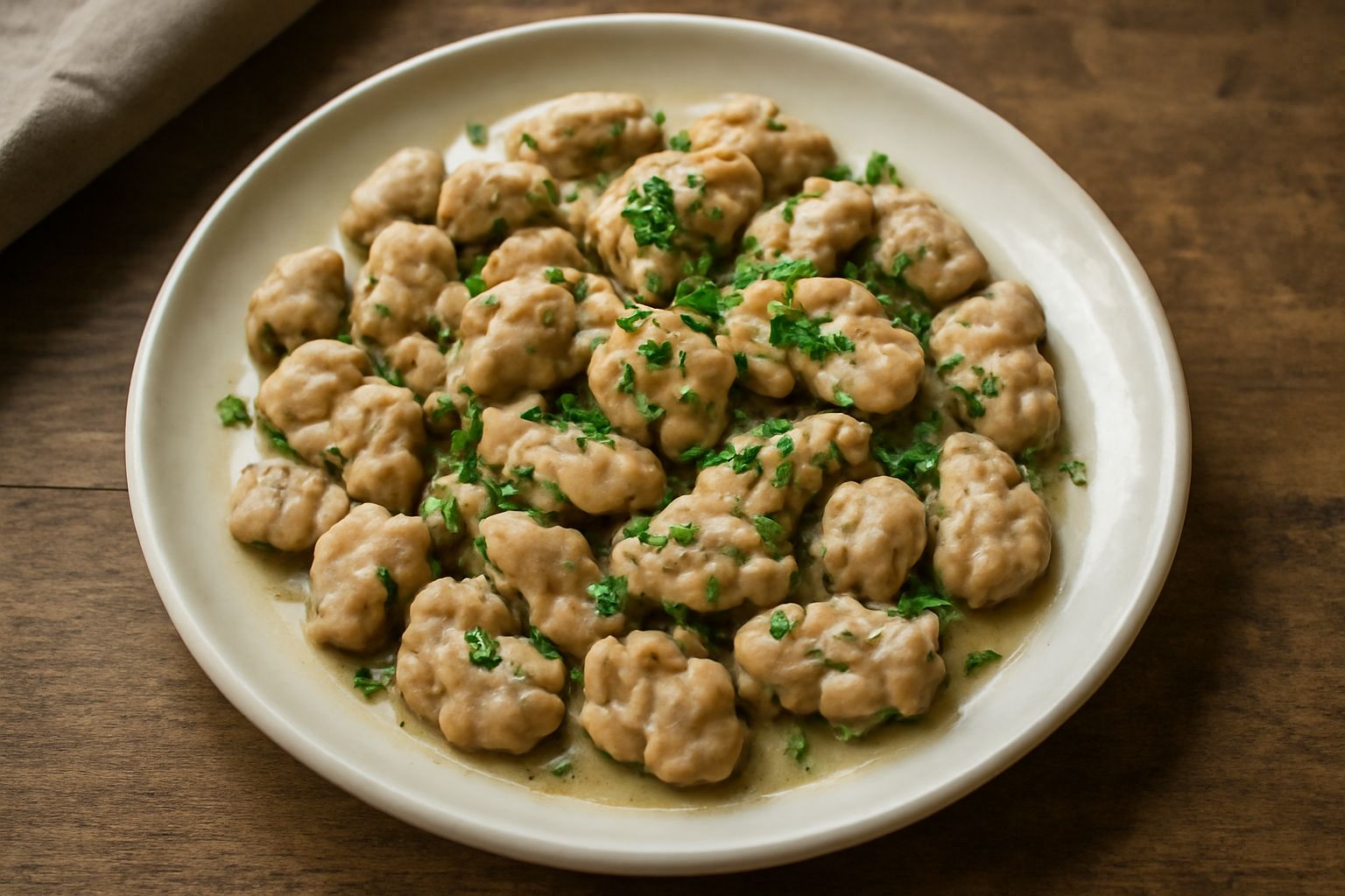 Cervella trifolata in bianco piatto fondo: pezzi di cervello beige e tenero, saltati in padella, cosparsi di prezzemolo verde brillante e aglio leggermente dorato, con tracce di olio extravergine luci