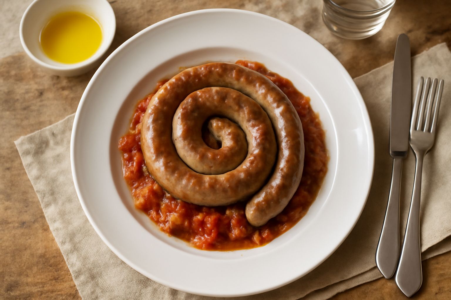 Cervellata arrosto in padella, dorata e leggermente brunita, con piccoli ricci di grasso trasparente visibili sulla superficie, servita su piatto bianco con prezzemolo fresco tritato