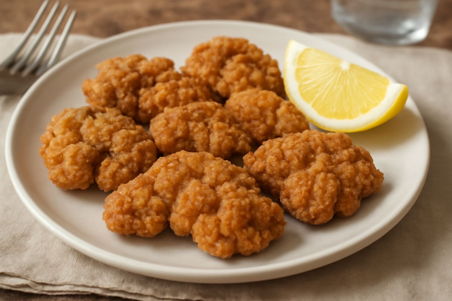 Cervello fritto dorato e croccante su piatto bianco, con limone tagliato a spicchi, prezzemolo fresco e una ciotola di salsa maionese accanto