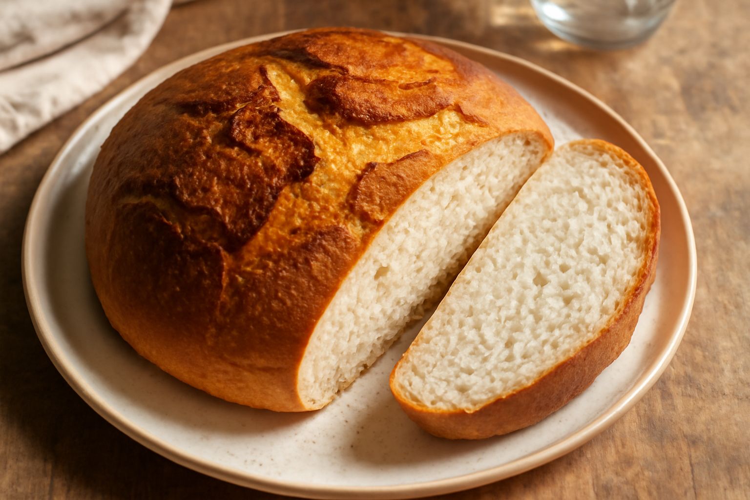 Pane rotondo di Cerveteri con crosta dorata e screpolata, tagliato a metà mostrando la mollica bianca e soffice, posato su una superficie di lino naturale con spighe di grano