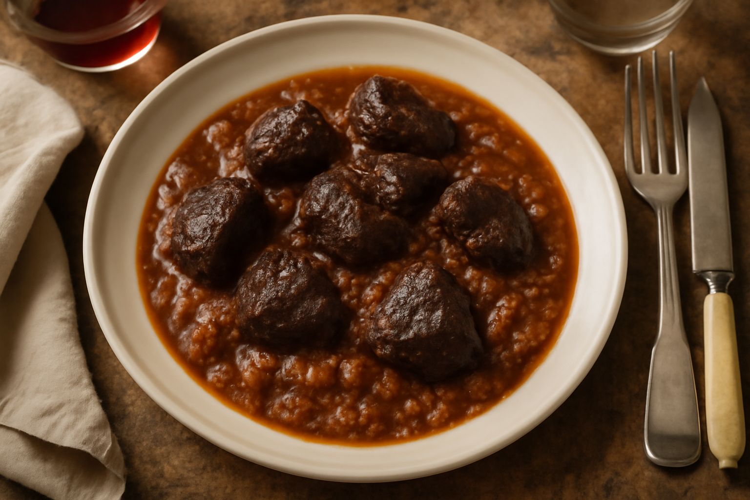 Piatto di cervo alla cacciatora con pezzi di carne scura in salsa marrone densa, carote e sedano, contornato da polenta cremosa gialla, con un cucchiaio di legno dentro