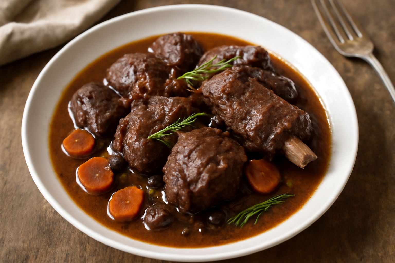 Piatto fondo di ceramica bianca con cervo in salmì: pezzi di carne scura e lucida ricoperti di salsa marrone densa, contornati da verdure morbide e cipolle, guarnito con rosmarino fresco