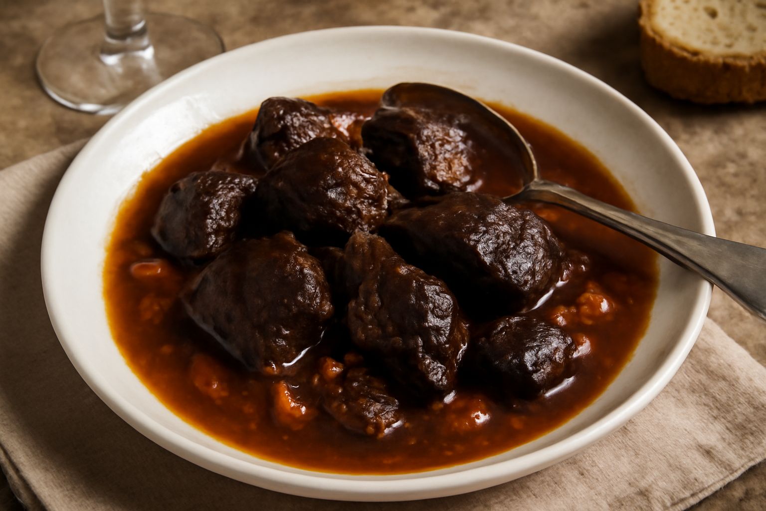 Cervo in umido in piatto bianco: bocconi di carne scura e tenerissima in sugo marrone-rossiccio, con pezzetti di carota e cipolla, contornato da purea di patate bianca e prezzemolo fresco