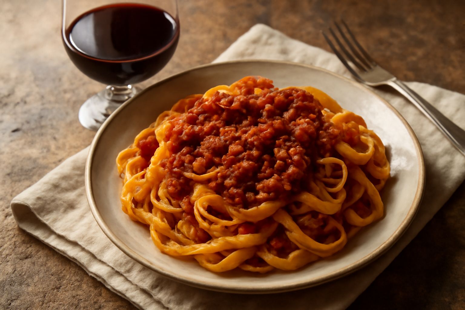Bicchiere di vino Cesanese d'Affile di colore rosso rubino scuro con riflessi granati, servito accanto a una bottiglia scura su tavolo rustico di legno
