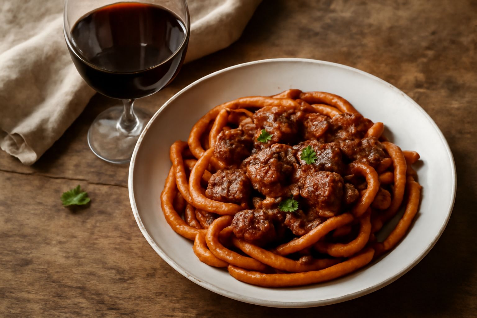Bicchiere di vino rosso Cesanese del Piglio dal colore rubino intenso con riflessi violacei, adagiato su tavolo di legno accanto a una bottiglia etichettata e piatto di salumi laziali