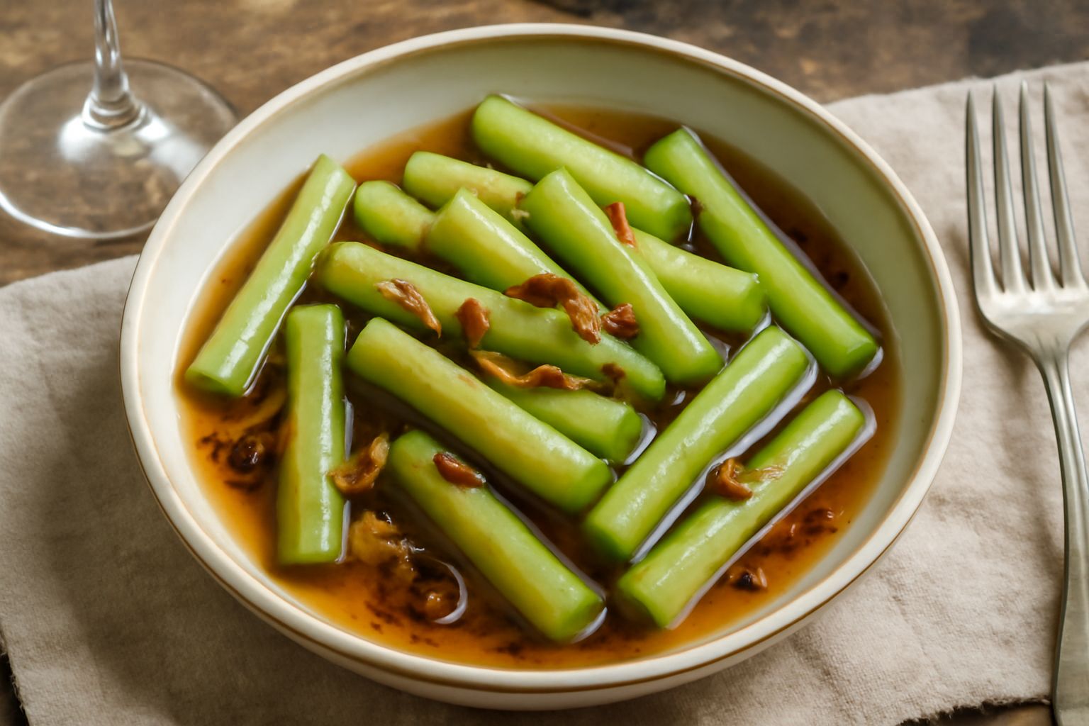 Cetrioli tagliati a bastoncini in una ciotola di vetro trasparente con liquido agrodolce, visibili chiodi di garofano e semi di senape, accompagnati da foglie di prezzemolo fresco su un tavolo di legn