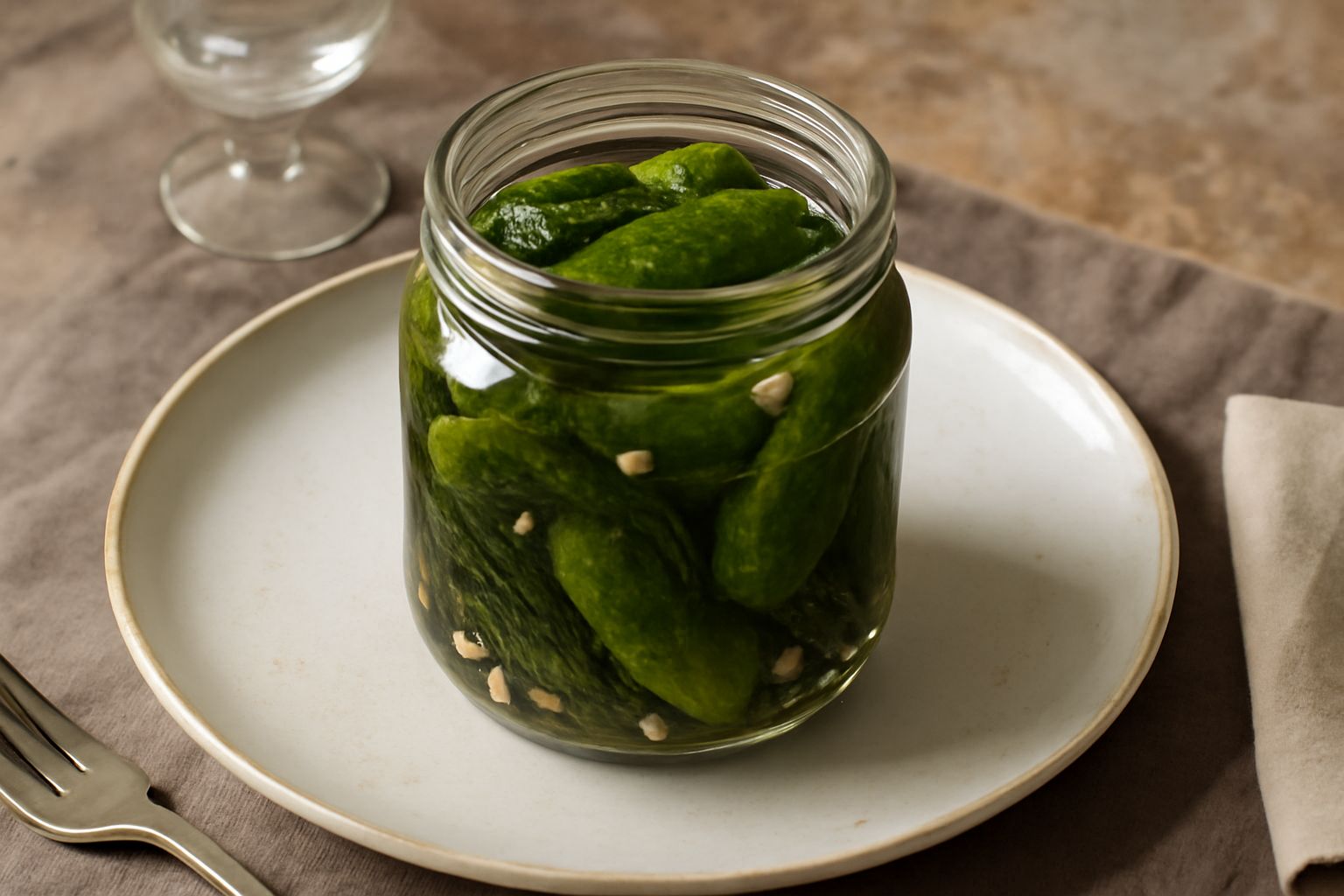 Barattolo di vetro con cetrioli verdi interi e fette immerse in liquido trasparente con spezie visibili, funghi di dill, grani di pepe e fette di aglio, su un tavolo di legno naturale con luce natural