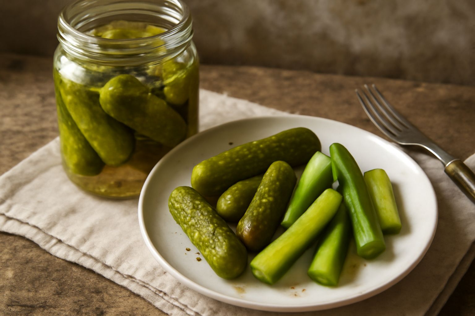 Cetrioli interi e tagliati a bastoncini, di colore verde brillante, in un barattolo di vetro trasparente con aceto, spezie e foglie di aneto, su uno sfondo di legno chiaro