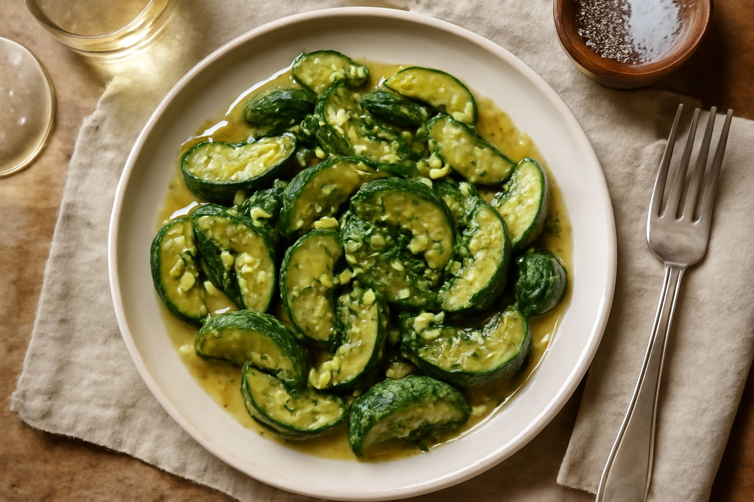Vasetto di vetro pieno di cetrioli verdi interi sott'olio con spicchi d'aglio e grani di pepe visibili tra le verdure, olio d'oliva trasparente, su fondo bianco