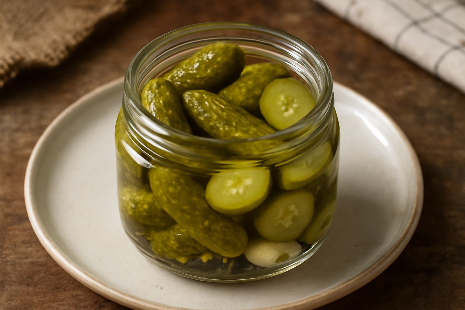 Cetriolini verdi scuri interi e affettati in un vasetto di vetro trasparente riempito di aceto chiaro, con grani di pepe nero e spicchi d'aglio visibili, su sfondo bianco