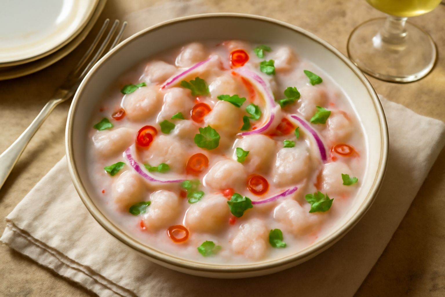 Ceviche di pesce bianco in una ciotola di ceramica bianca: cubetti di pesce traslucido, cipolla rossa sottile, lime verde brillante, peperoncino fresco rosso e coriandolo verde in un brodo lattescente