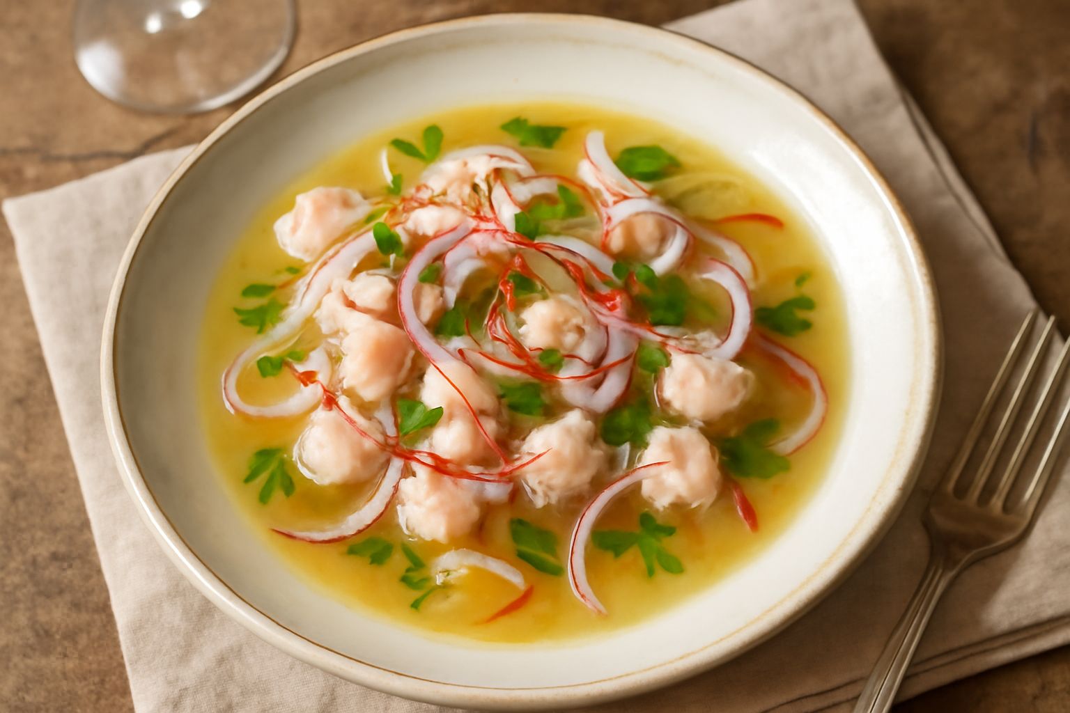Ceviche triestino in ciotola bianca con dadini di pesce trasparente e rosati dal limone, cipolla bianca tagliata sottile, peperoncino rosso fresco e prezzemolo verde, accompagnato da fettine di limone