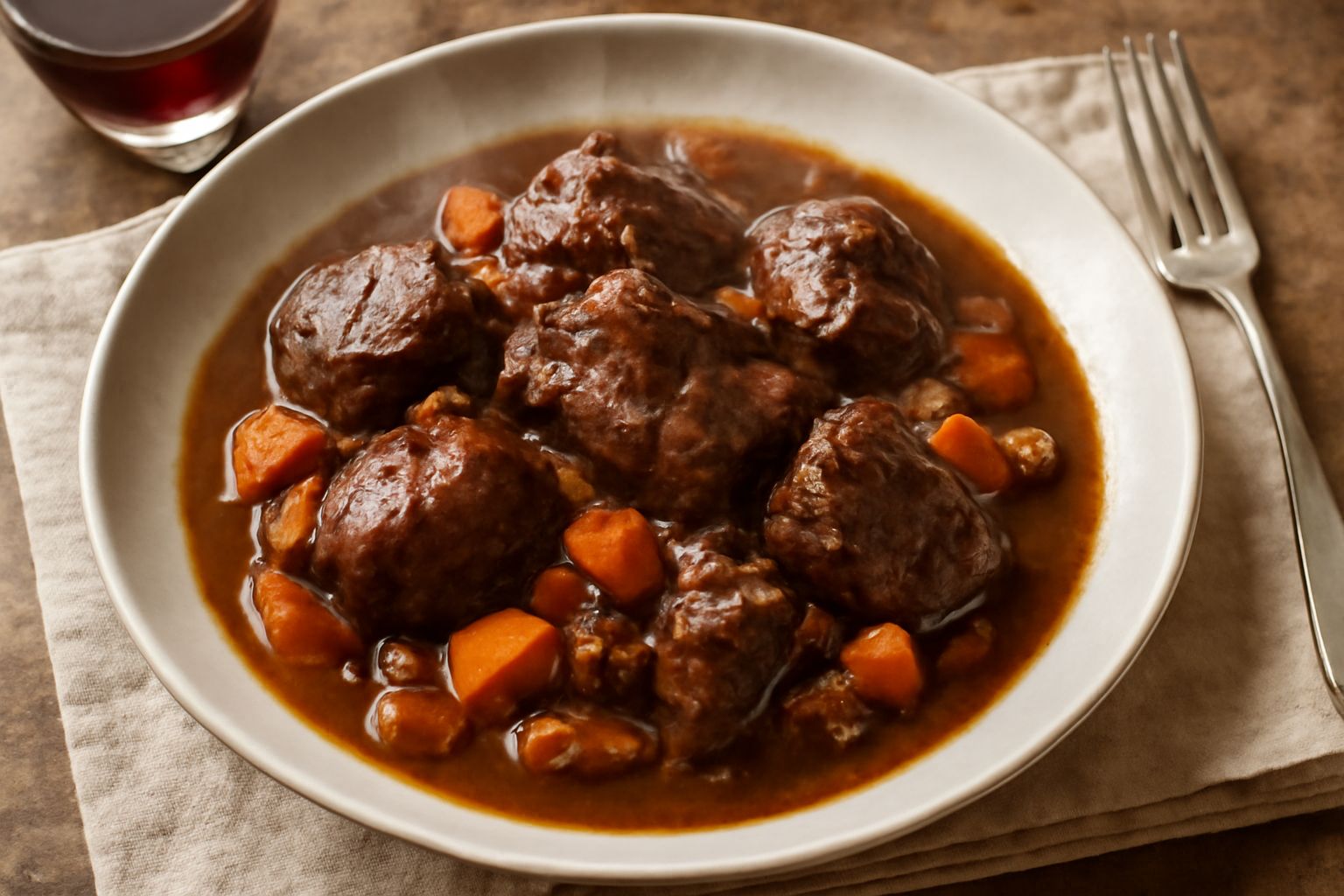 Un piatto fondo di ceramica con pezzi di carne di chamois marrone scuro in salsa umida, contornato da carote arancioni, sedano bianco e patate, con brodo ricco che ricopre il fondo, erbe aromatiche fr