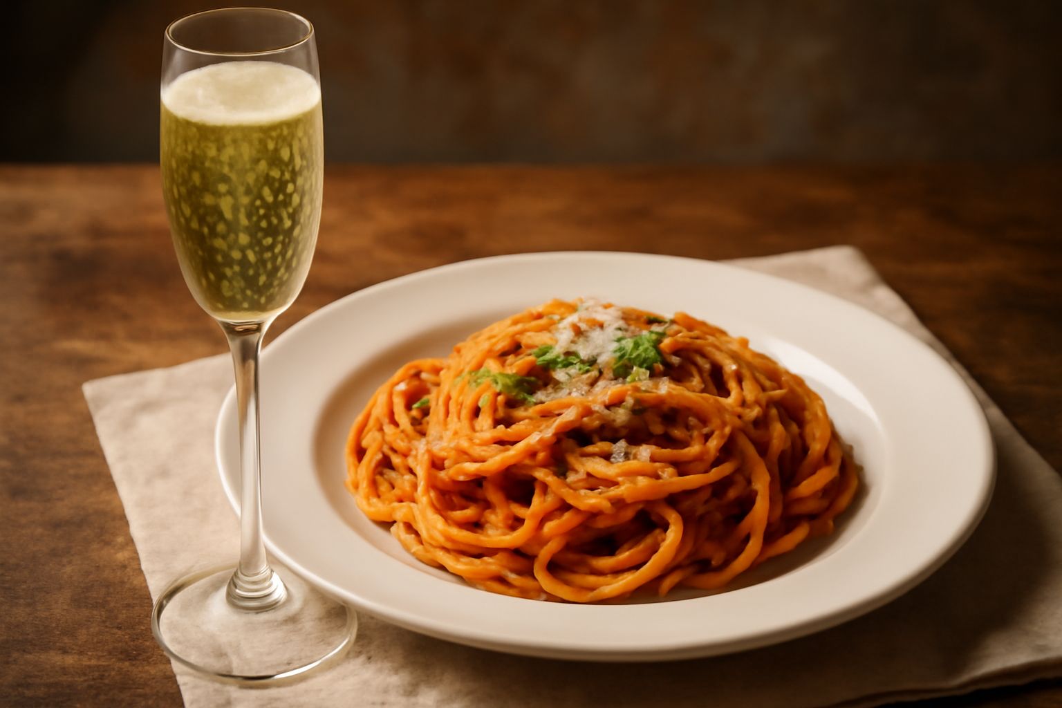 Flute di Champagne riempita a metà, con bollicine che salgono verso il bordo, posata su una superficie bianca accanto a un'etichetta gialla e una bottiglia girevole nel ghiaccio