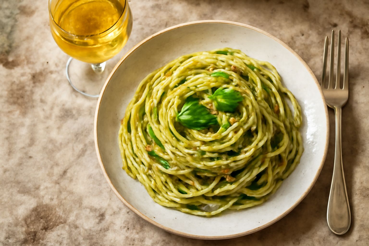 Bicchiere di vino bianco Chardonnay leggermente dorato, con riflessi trasparenti, accanto a un piatto con filetti di pesce bianco e limone, su tavolo di legno naturale con leggera illuminazione natura
