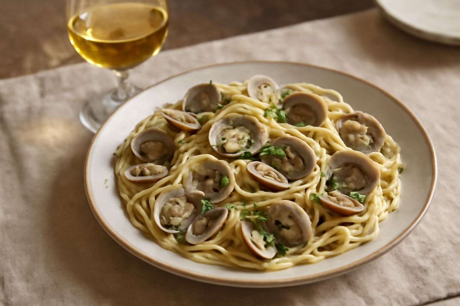 Bicchiere di vino Chardonnay marchigiano con riflessi dorati, contenuto giallo paglierino, su tavolo in legno con uva bianca e foglie verdi di vigneto sfocate sullo sfondo
