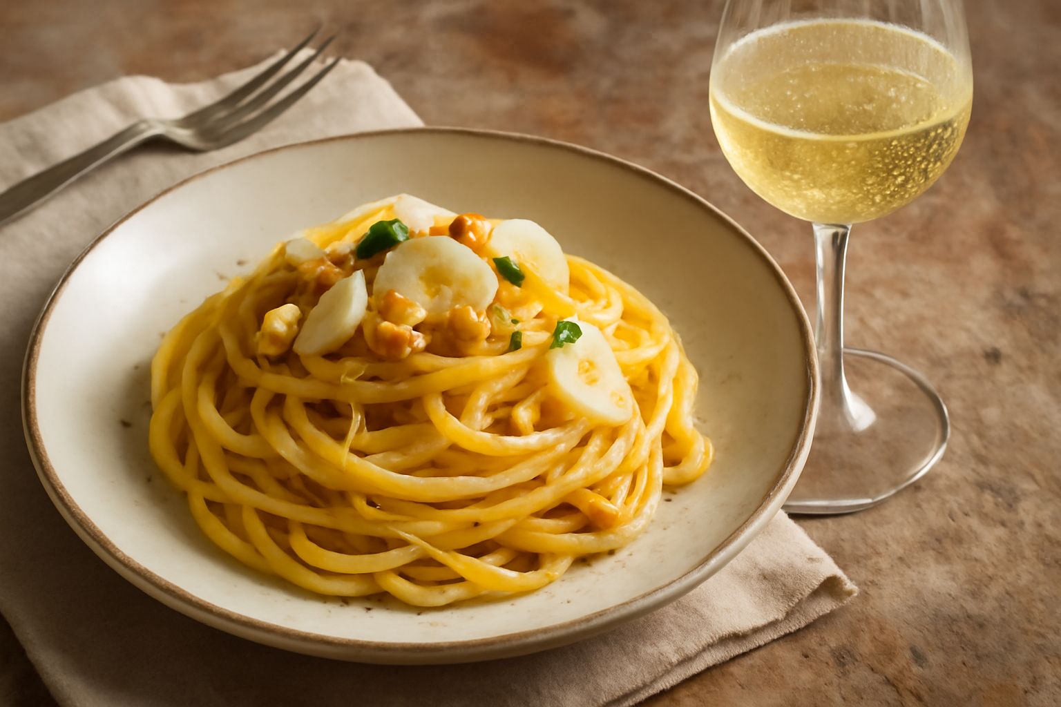 Bicchiere di vino bianco Chardonnay pugliese leggermente dorato con riflessi giallastri, accanto a un piatto con filetto di branzino, limone fresco e prezzemolo verde, su tavolo di legno chiaro con to