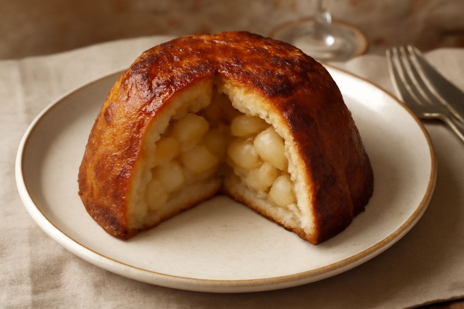 Charlotte di mele appena sfornata, dorata in superficie, con croste di pane croccanti dorate, seduta su piatto bianco, tagliata a metà per mostrare le mele cotte all'interno di colore beige chiaro