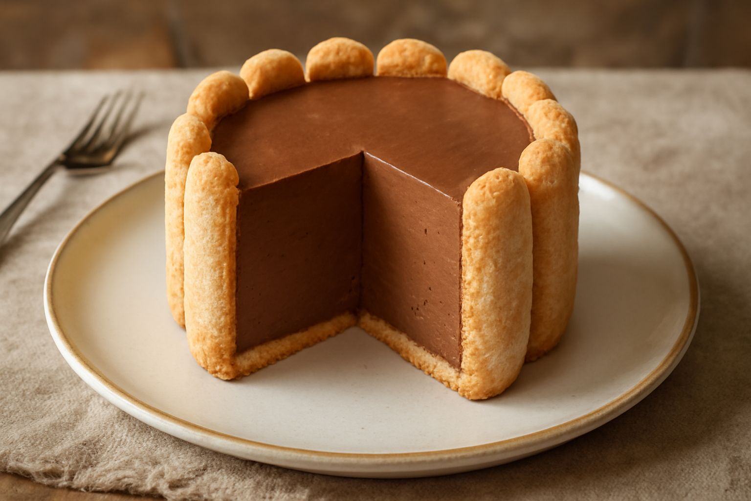 Charlotte al cioccolato cilindrica rivestita di biscotti savoiardi dorati su piatto bianco, tagliata per mostrare l'interno cremoso marrone scuro con centro più chiaro, guarnita con scaglie di cioccol