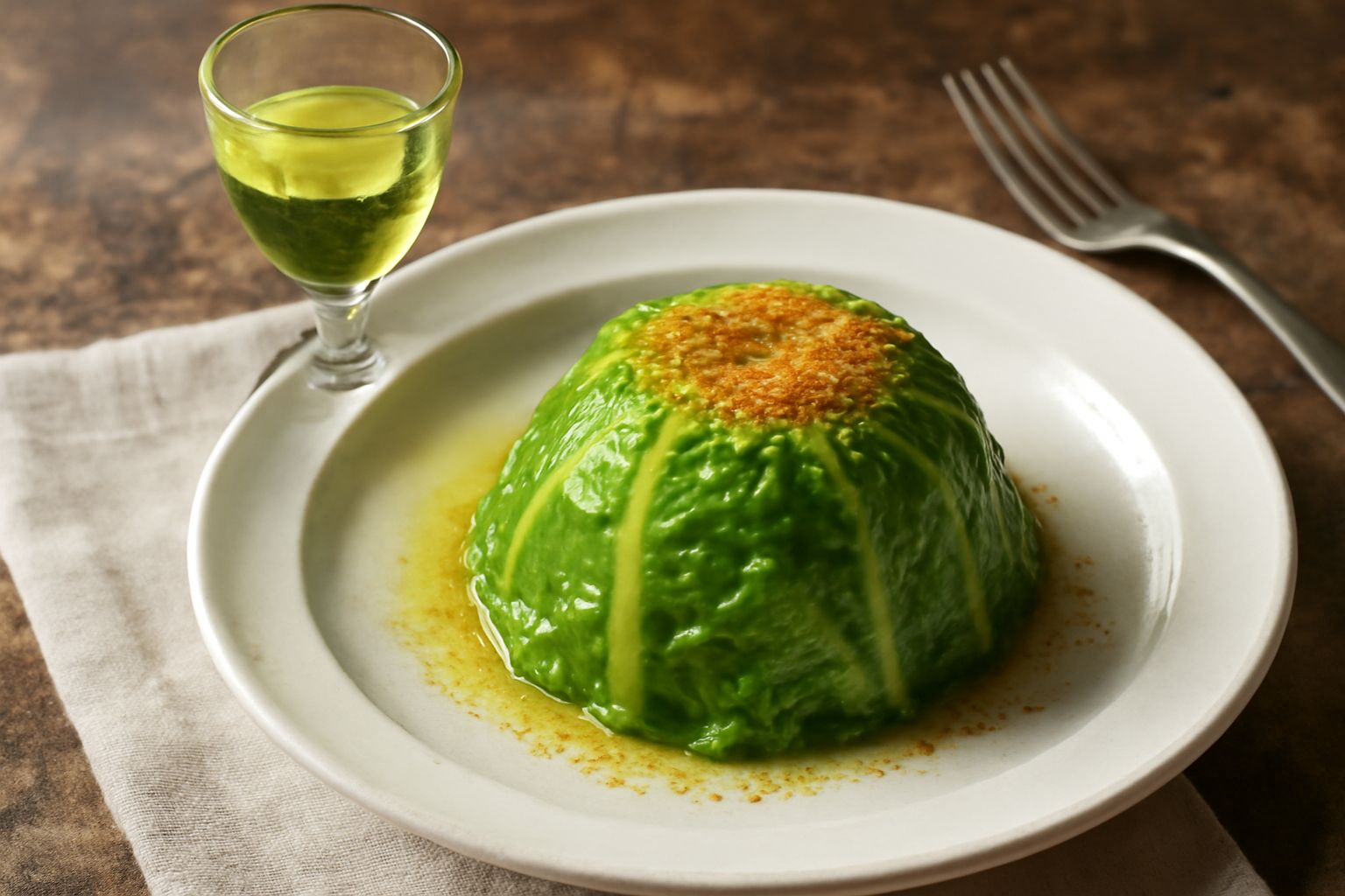 Bicchiere di Chartreuse verde brillante con bottiglie sullo sfondo, accanto a erbe aromatiche fresche e spezie su tavolo in legno scuro