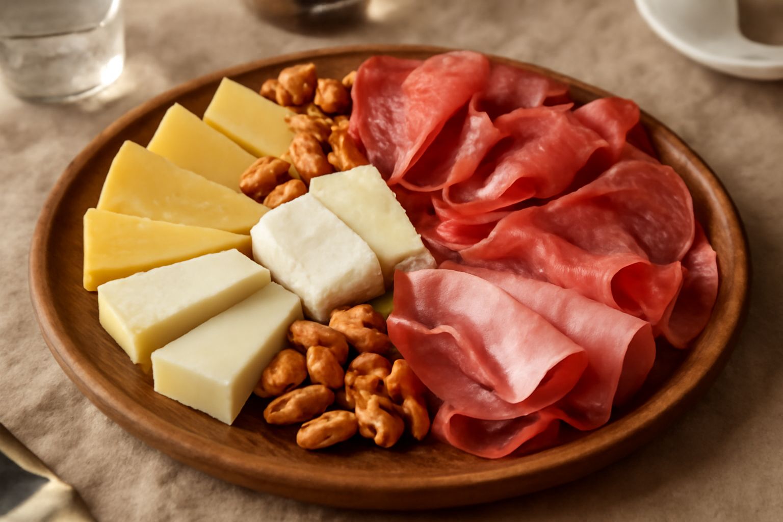 Tagliere di legno con formaggi di colore variabile dal bianco al giallo, salumi di diverse tonalità di rosso, noci, uva bianca e grappoli scuri, pane tostato ai bordi, disposti in sezioni ordinate e s
