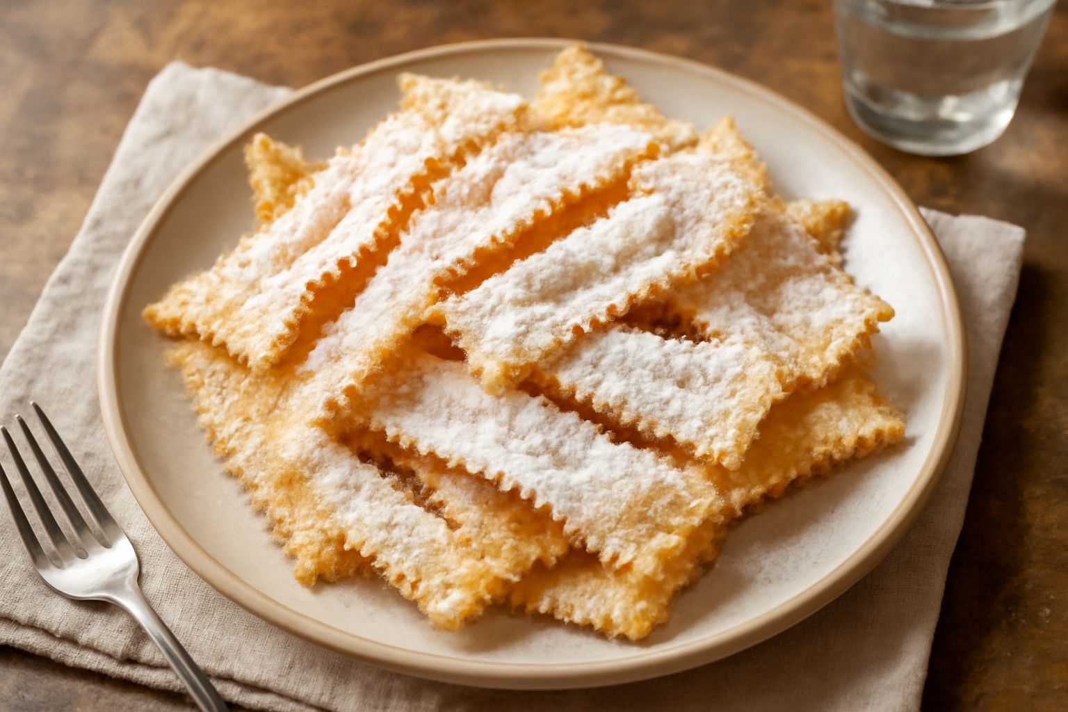 Chiacchiere modenesi dorate e croccanti, impiattate su un piatto bianco, cosparse di zucchero a velo, con forme ondulate e frastagliate visibili da vicino