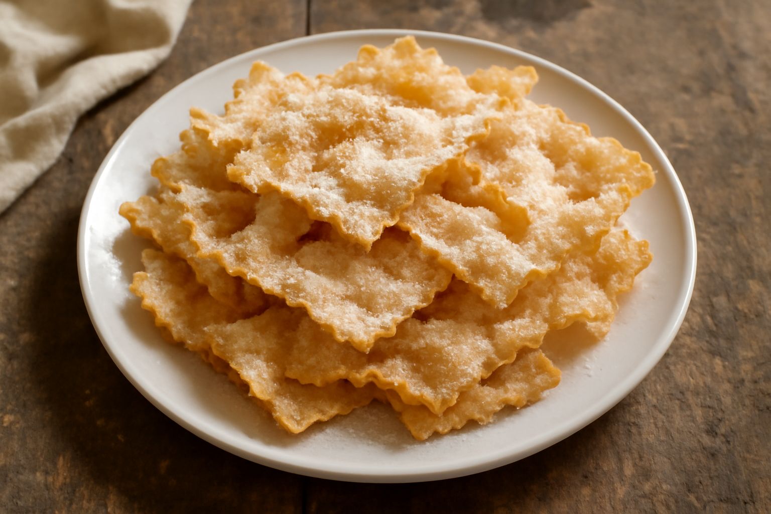 Chiacchiere dorate e croccanti piegate a nastro su un piatto bianco, cosparse di zucchero a velo, con sfondo di Carnevale sfumato